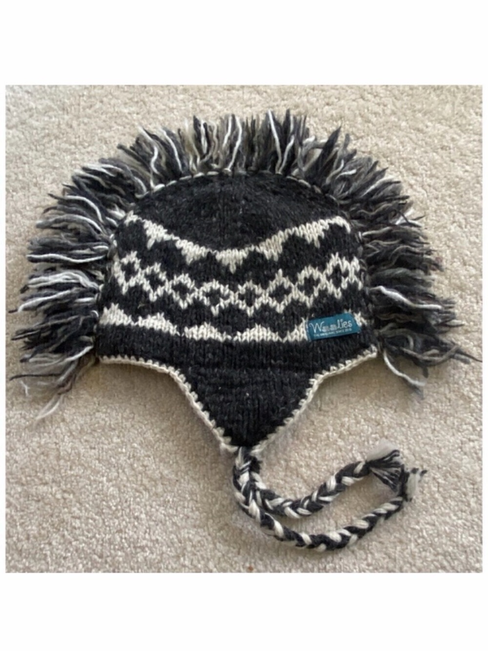 Woolies Wool Hat Cap Ear Flap L Grey Beanie Polar Fleece Lined Nepal Aztec Ikat